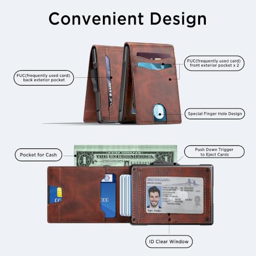 umoven Wallet for Men - Pop Up Case, Cash Slot, and Credit Card Slot - Slim Aluminum Wallet with RFID Blocking, Minimalist Leather Wallet Front Pocket with ID Window (Reddish brown) - color: Reddish brown