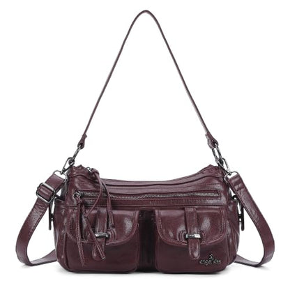 Angel Kiss Hobo Purses for Women Crossbody Shoulder Bag Ladies Multi Pocket Handbags with Adjustable Shoulder Strap | Soft Vegan Leather - color: Wine