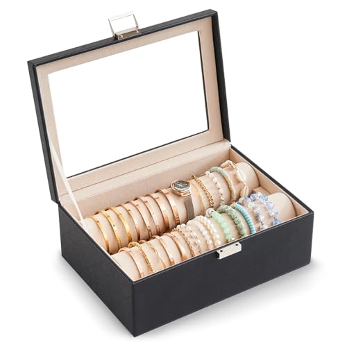 Lolalet Bracelet Display Holder with Clear Lid -Black | Jewelry Organizer with 2 Velvet Display Rods, Perfect Storage Case for Bangles, Bracelets, and Watches, Great gift for her - color: Black, size: 2 Rolls