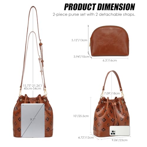 Travistar 2 Piece Bucket Bag for Women - Embossed Vegan Leather Crossbody Shoulder Handbags Satchel Purse Tote Set 2 Straps - color: Brown