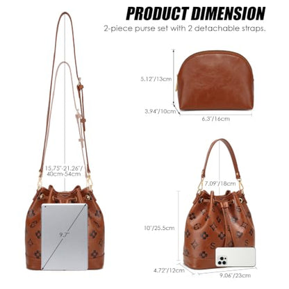 Travistar 2 Piece Bucket Bag for Women - Embossed Vegan Leather Crossbody Shoulder Handbags Satchel Purse Tote Set 2 Straps - color: Beige