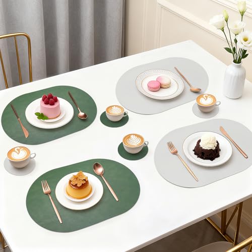 Faux Leather Placemats Set of 6 with Matching Coasters, Heat Resistant PU Oval Placemats, Waterproof Wipeable Washable Place Mats, Non-Slip Table Placemats for Dining Table Kitchen Patio - color: Green-grey, size: Set of 6