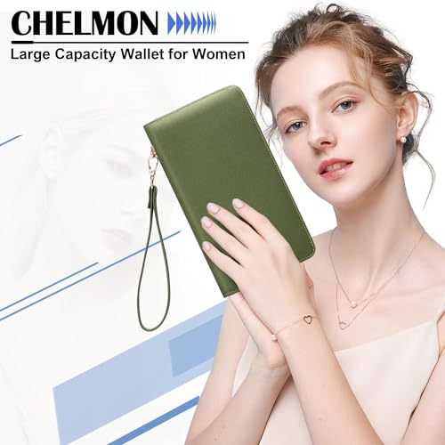 Chelmon Women's Vegan Leather Clutch Wallet with Zip, Hand Strap, Large Capacity - color: Ch Green Army
