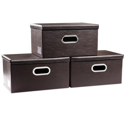 Collapsible Storage Box with Lid [3-Pack] Leather Fabric Foldable Storage Bin Organizer Container Basket Cube with Cover for Home Bedroom Closet Office Nursery Brown(13.6x9.6x6.9) - color: Brown, size: Small(3-Pack)