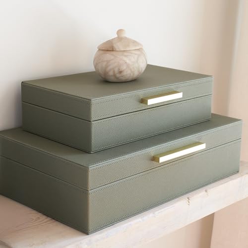 Decorative Storage Boxes with Lids - Set of 2 PU Leather Organizer Bins | Beautiful Bins for Your Bookshelf Home Decor - Safely Store Photos, Documents and Memory Box Keepsakes in Style - color: Sage