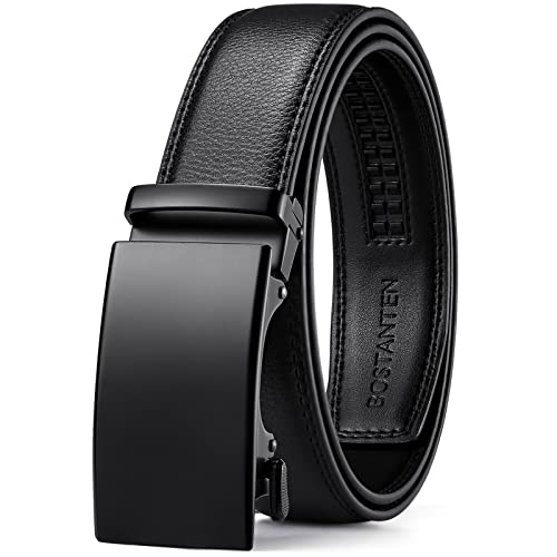 BOSTANTEN Ratchet Belts for Men Leather Trim to Fit 1 3/8“ Gift Boxed | Micro-Adjustable Buckle, Smooth Sliding, Customizable Fit, Holeless, Dress and Casual - color: A01-black, size: 46"-52" Waist Adjustable