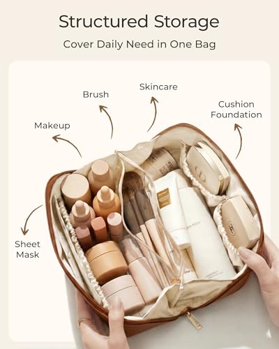 BAGSMART Makeup Bag Travel Cosmetic Bag,Women Toiletry Case, Brushes, Pink | Make Up Bag Flat Open Toiletry Bag for Women, PU Leather Travel Essentials Wide-open Skincare,Brushes Organizer Case Large - color: 03- Pink
