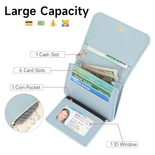 GAEKEAO Small Wallet for Women RFID Blocking Slim Keychian Wallet Floral Vegan Leather Card Holder with Zip Pocket ID Window - color: Y-Blue