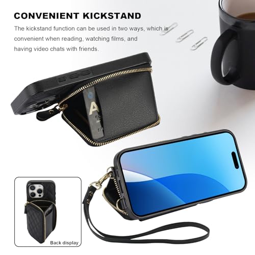Bocasal Crossbody Wallet Case Card Holder for iPhone 16 Pro, Black | RFID Blocking PU Leather Zipper Handbag Purse, Kickstand Flip Folio Case with Card Slots Holder Wrist Strap Lanyard 6.3 Inch - color: Black