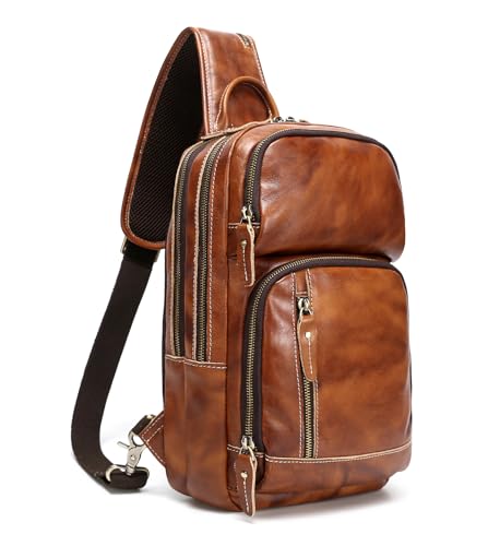 LANNSYNE Full Grain Leather Sling Bag For Men, Crossbody Bag fits 12.9" iPad Crossbody Chest Daypack - color: Yellow