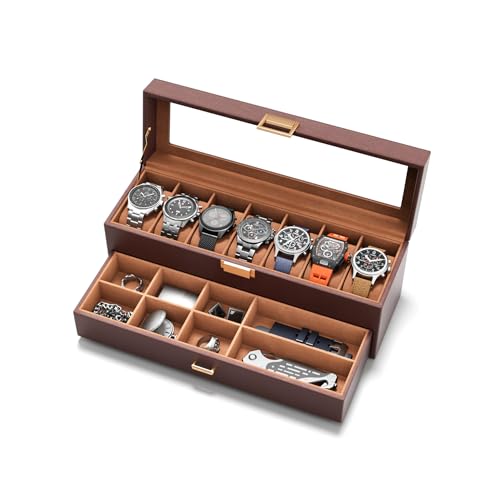 Watch Cases Box for Men 7 Slots Display Case with Jewelry Bottom | Watches Storage Organizer 2 Layer Pu Leather Collection Holder Gift for Dad Husband with Real Glass Lid Brown - size: 7 Slots, Brown