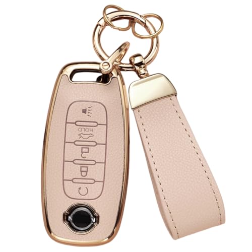 Key Fob Cover for Nissan Pathfinder Rogue Versa Kicks Sentra Patrol | Upper Leather + Soft TPU Key Cover Case Shell for Nissan Armada 2023-2025 with Keychain (5 Buttons, Cream) - color: 5-buttons/Pink