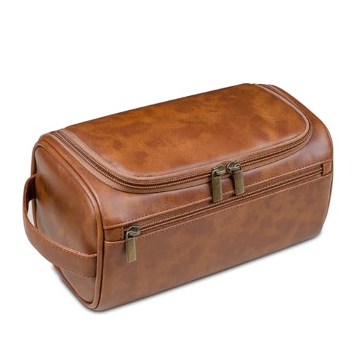 Toiletry Bag for Men,Small Leather Travel Pouch Bag with Hanging hook - color: Light Brown