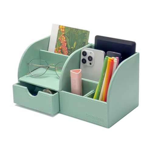 UnionBasic Desk Organizer - Multifunctional Leather Desktop Pen Holder Storage Box - Business Card/Pen/Pencil/Mobile Phone/Stationery Holder, Mint Green - color: Mint Green