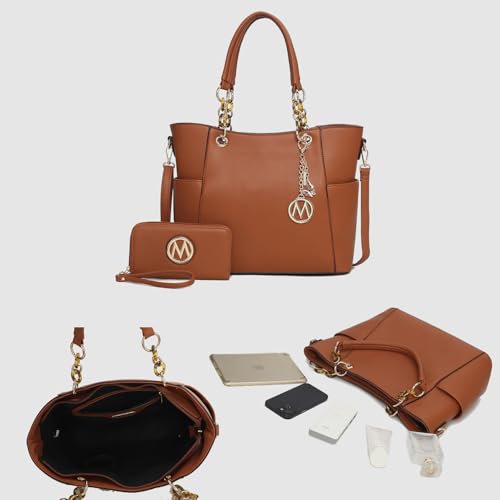 J’OMOR by Mia Tote Bag for Women, Handbag Set with Wallet Top-Handle Bag Vegan Leather Purse - color: Bonita Cognac
