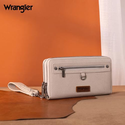 Montana West X Wrangler Large Wallet For Women Ladies Female Double Zipper Pocket Wallet with Rfid Blocking Lining Phone Wristlet Clutch with Smooth Zipper and Multiple Pocket - color: Light Gray
