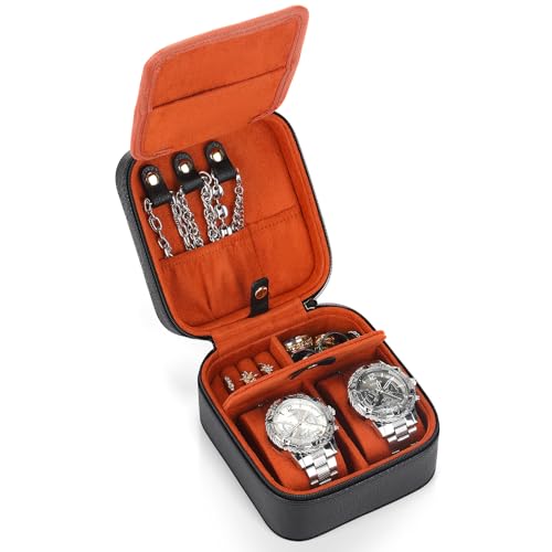2 Slot Travel Watch Case Men PU Leather Jewelry Box Portable Watch Storage and Jewelry Organizer Gift for Fathers Husband Boyfriend(Black Brown) - color: Black Brown