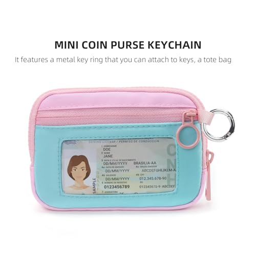 The Iris Wallet Zipper Mini Coin Purse Keychain ID Holder Wallet | Zip Card Case with ID Window Purses for Women Mini Portable Keychain Wallet, Blue and Pink with Lanyard - color: Blue and Pink