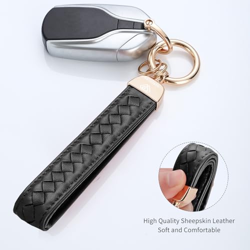 Hamdecro Genuine Leather Car Keychain, Handmade Knit Sheepskin Key chains for Women, Universal Key Fob Holder with 360 Degree Rotatable, Anti-Lost D-Ring, 2 Keyrings and 1 Screwdriver, Black - color: Wristlet, Black