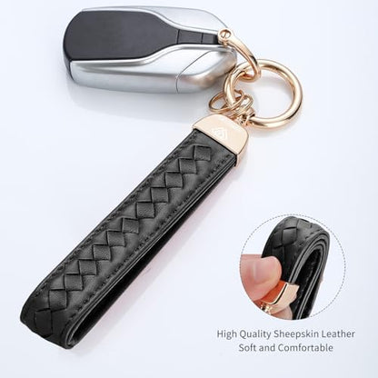 Hamdecro Genuine Leather Car Keychain, Handmade Knit Sheepskin Key chains for Women, Universal Key Fob Holder with 360 Degree Rotatable, Anti-Lost D-Ring, 2 Keyrings and 1 Screwdriver, Black - color: Wristlet, Black
