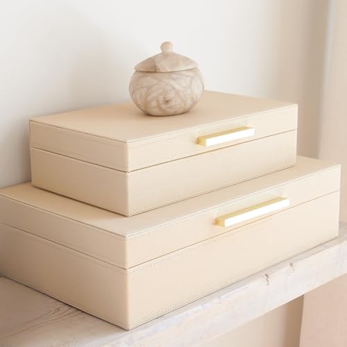 Decorative Storage Boxes with Lids - Set of 2 PU Leather Organizer Bins | Beautiful Bins for Your Bookshelf Home Decor - Safely Store Photos, Documents and Memory Box Keepsakes in Style - color: Beige