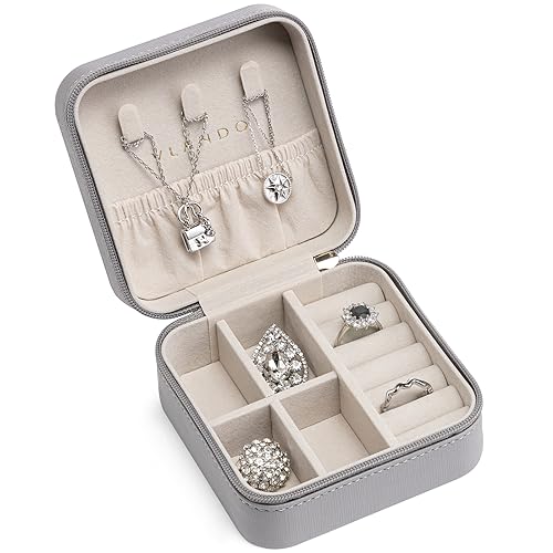 VLANDO Travel Jewelry Case, Compact Design, Necklace Hook, Anti-Tangle | Removable Dividers, Waterproof PU Leather, Scratch-Resistant Lining, Portable Storage for Rings, Earrings, Necklace，Bracelet - color: I.Grey