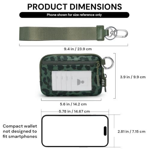 Small Wristlet Wallets for Women with Clear ID Window, Keychain Coin Purse | Organized Interior with 3 Card Slots, Inner Mesh Pouch, Lipstick Holder, Metal Key Ring and Detachable Wrist Strap - color: Sage Green Leopard