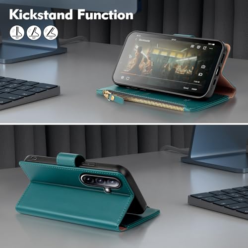 Shieldtop Compatible with Samsung Galaxy A36 5G/A56 5G Wallet Case with Card Holder,PU Leather Phone Case Flip Protective Cover Wrist Strap Zipper Credit Card Slots RFID Blocking Women Men,Blue Green - color: Blue Green
