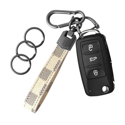 OHKYOOT Leather Car Keychain for Home Car Keys | Carabiner Clip Key Fob Keychain for Women Men,Car Key Holder with 3 Key Ring and Anti-Lost D Ring - color: Grid Off White