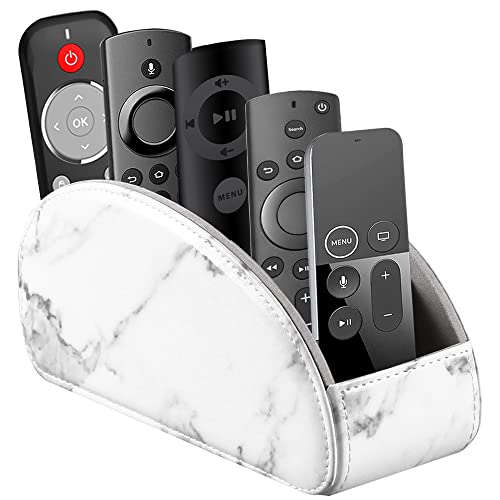 All-in-One Leather White TV Remote Holder for Remote Conrtols with 5 Compartments Nightstand Desktop Media Player Remote Caddy Storage Box Organizer Tray for Mobile Office Stationery Phone Controller - color: Marble White, size: Small