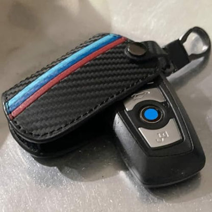 iJDMTOY Iconic 3-Color Stripe Black Carbon Fiber Pattern Leather Key Holder with Keychain Compatible With BMW 1 2 3 4 5 6 7 Series X3 Remote Fob - style: Compatible With 2 3 4 5 6 7 Series X1 X3 X4