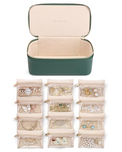 VLANDO Jewelry Boxes for Women with 12 Clear Velvet Zipper Pouches,Green | Travel Luggage Storage,Rings,Bracelets,Earrings Storage,Women Girls,Bridesmaid,Anniversaries Gift - color: D.12PCS Green