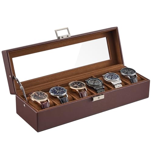 ProCase 6 Slots Watch Case Box for Men -Espresso | PU Leather Man Watch Organizer, Soft Pillow, Lockable Glass Display Lid, Storage Holder for Watch Collection - color: Espresso, size: 6-Slot
