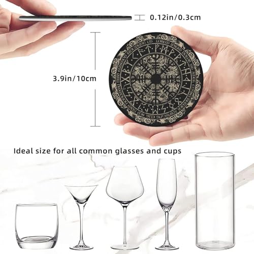Black Viking Magical Leather Drinks Coasters with Holder, Set of 6, Suitable for Various Cups - color: Black Viking Magical