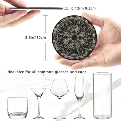 Black Viking Magical Leather Drinks Coasters with Holder, Set of 6, Suitable for Various Cups - color: Black Viking Magical