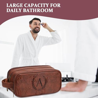 Travel Toiletry Bag For Mens PU Leather Engraved Initials (Red Brown E) | Personalized Gifts For Father Husband Groomsmen Birthday, Waterproof Bathroom Organizer Dopp Kit Bag Beach Travel Essentials - color: Red Brown, style: E