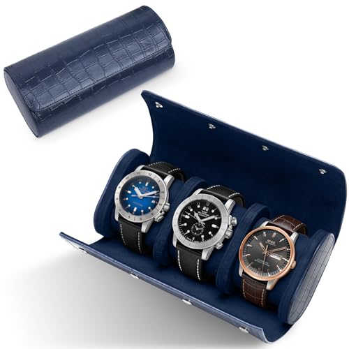 PU Leather Watch Roll Case Organizer-Secure Storage with Removable Pillows & Solid Dividers, Portable Men's Watch Display Case for Home, Travel, and Anniversary Birthday (Blue-3 Slot) - size: Blue-3 Slot