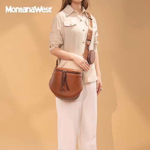Montana West Crossbody Bag for Women, Vegan Leather Bum Bag with Coin Purse | Large Vegan Leather Crossbody with Roomy Zip Storage, Back Zip Pocket, Wide Adjustable Strap and Removable Coin Purse - color: Cognac