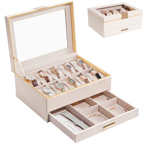 ProCase Watch Case for Women, Valentine Gifts, 10 Slot Watch Display Case with Drawer, 2-Layer Womens Watch Box, 10 Watch Box Organizer, Jewelry and Watch Holder Storage Case with Glass Lid -Beige - color: Beige