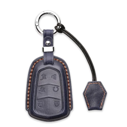 Genuine Leather Key Fob Cover for Cadillac Escalade ESV 2020 2019 2019 2017 2016 2015 Smart Remote Key 6-Buttons - color: Blue
