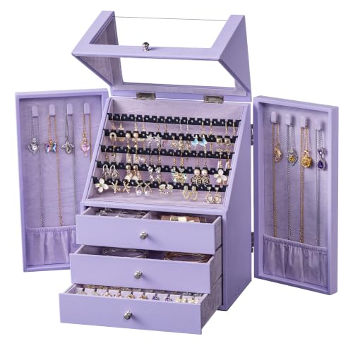 Jewelry Organizer Box for Women with Earring and Necklace Storage | Jewelry Box Organizer,Multi-Tier Drawers,Side Necklace Doors,Clear Window,Earring Display,Leather Finish - color: Light purple