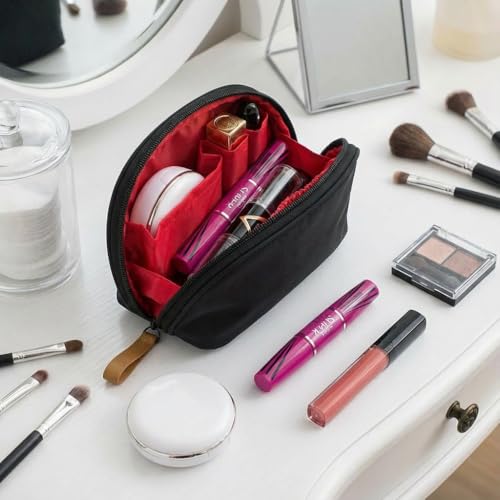 Hekyip Half Moon Cosmetic Bag, Travel Makeup Pouch, Portable Waterproof Cosmetic Pouch for Girls Women, Small (INNER RED) - color: INNER RED