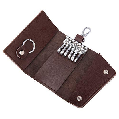 BAKUN Compact Leather Car Key Case, Key Holder Key Organizer Wallet, With 6 Hooks(Brown) - color: Brown