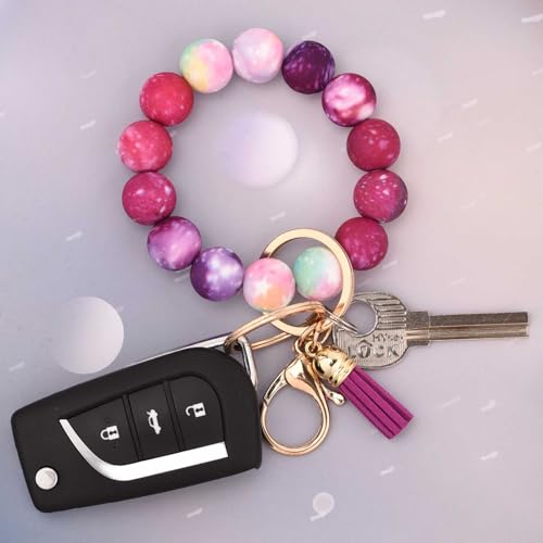 BAOSIWA Silicone Beaded Keychain Wristlet Key Ring Bracelet Cute Car Key Chain Holder for Women Girls - color: Galaxy