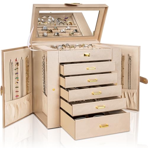 AKOZLIN 6-Tier Jewelry Box Organizer Functional 5 Drawers Leather Jewelry Storage Case for Women Girls Ring Necklace Earring Bracelet Holder Organizer with Mirror Extra Large Champagne - color: Champagne, size: Extra Large
