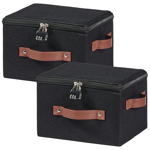 2PCS Lockable Storage Bins Box with Zipper Lid Combination Lock | Cotton Linen Fabric Lidded Baskets, Foldable Washable Closet Shelf Organizer Container, w/ PU Leather Handles, Black, Small - color: Black, size: Small ( Set of 2 )