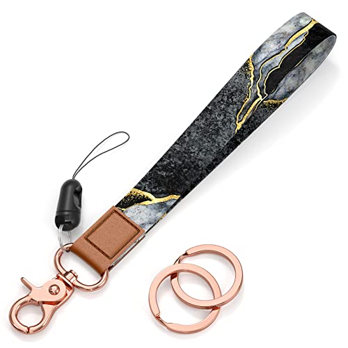 Rimilak Wristlet Keychain, Wrist Lanyard Key Chain for Women Men Car Keys ID Badges Card Wallet Phone Camera - color: Black Gold Marble