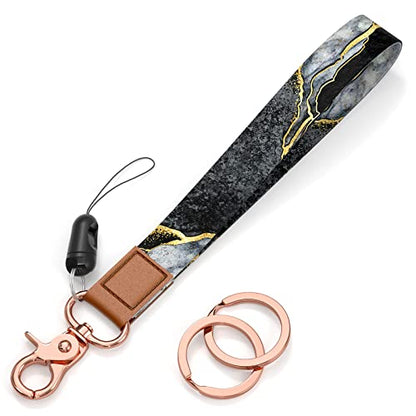 Rimilak Wristlet Keychain, Wrist Lanyard Key Chain for Women Men Car Keys ID Badges Card Wallet Phone Camera - color: Black Gold Marble