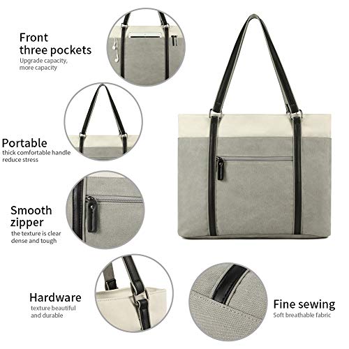 Laptop Tote Bag for Women, 15.6 Inch Work Bag with Laptop Compartment and Zipper, Canvas Computer Tote for Teacher - color: Gray