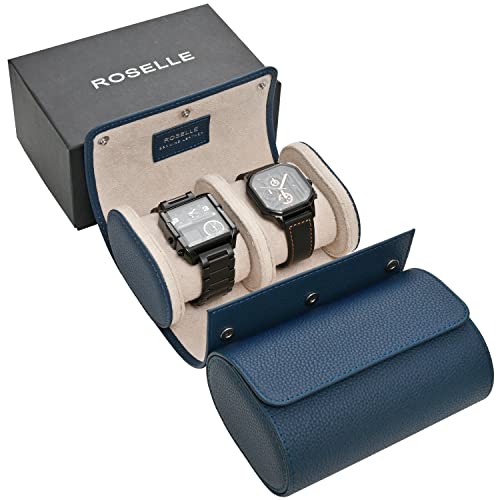 Genuine Leather Watch Roll Travel Case - Watch Roll Case For 2 Watches | Luxury Lining - Protect, Travel,Store, Gift & Display Fine Watches (2 slot Blue) - color: Blue / White-2